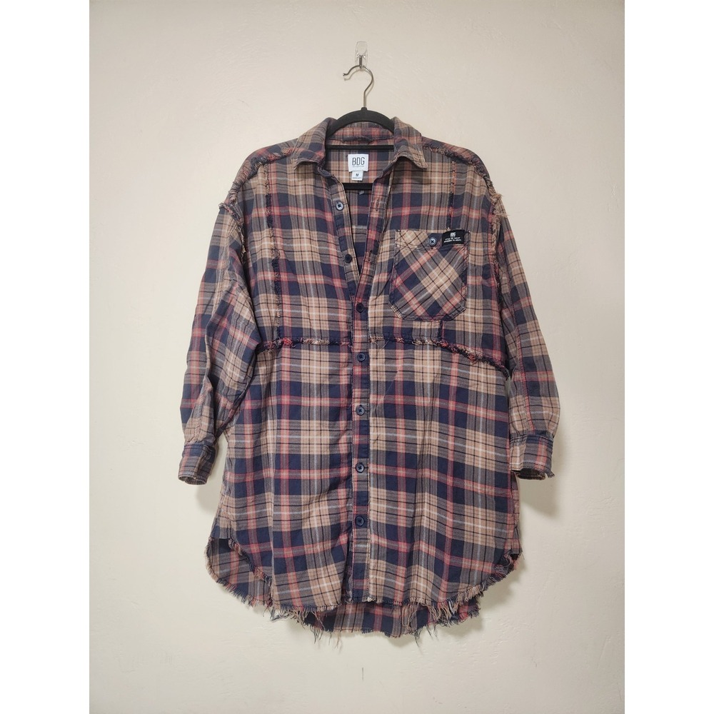 BDG Dani Oversized Flannel Shirt‎ Brown Top Urban Outfitters Frayed Hem Size M